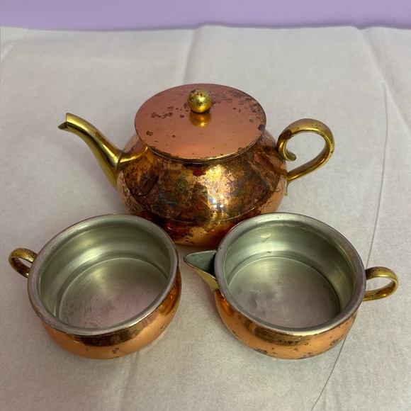 Vintage Tagus Portugal Stackable Copper/Brass Teapot Set with Creamer, Cup, Lid - Picture 2 of 11